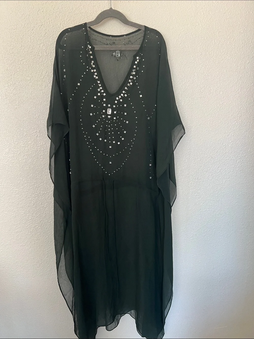 Sheer Dark Green Beaded V-Neck Caftan - Picture 1 of 5